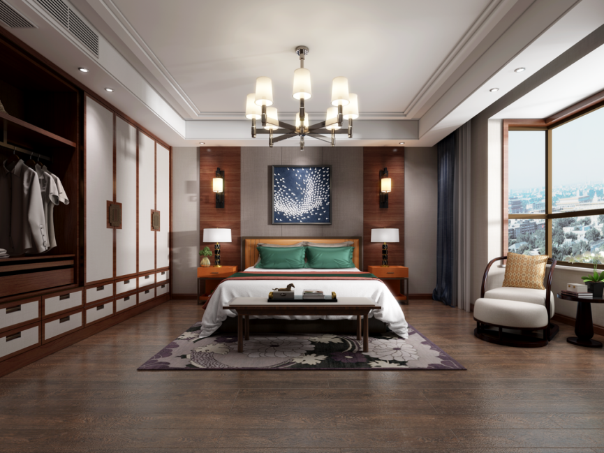 裝修案例新中式風格別墅裝修效果圖-主臥 裝修案例新中式風格別墅裝修效果圖-主臥